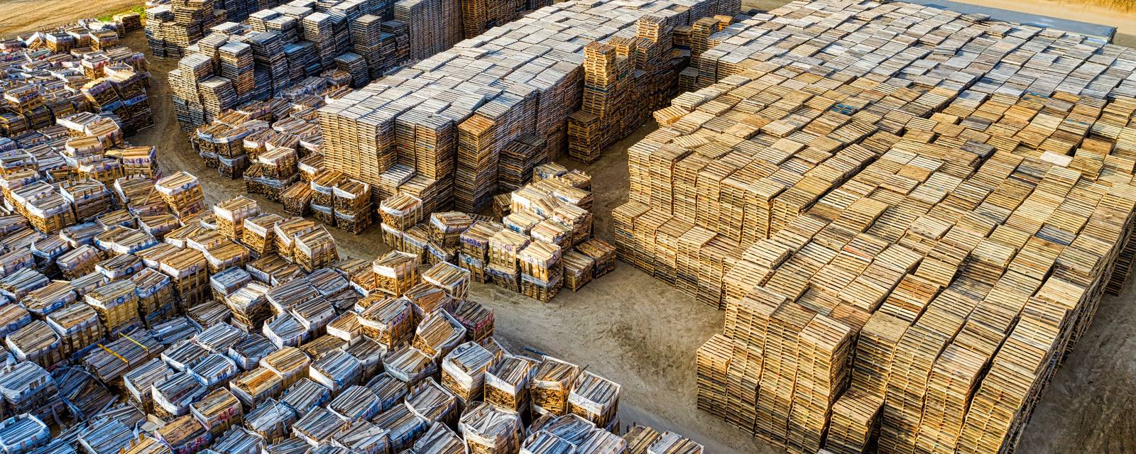 Aerial view of a pallet yard: long rows of stacked wooden pallets on dirt lots, with parked trailers along the edge